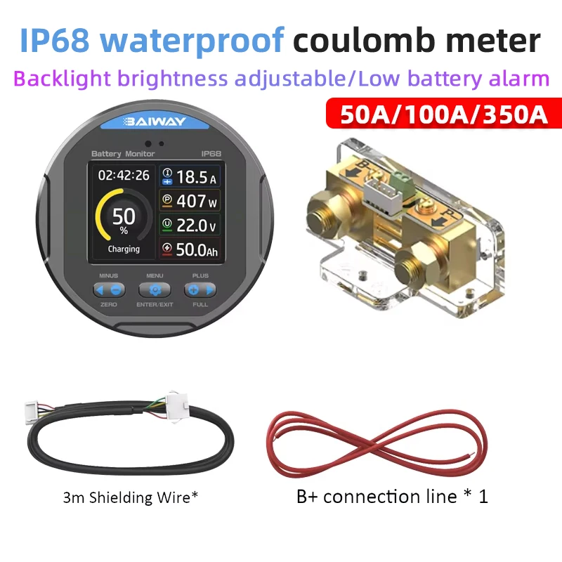 TR24 IP68 Waterproof Coulomb Meter 50A 100A 350A Battery Capacity Tester with Backlight Brightness Adjustable/Low Battery Alarm