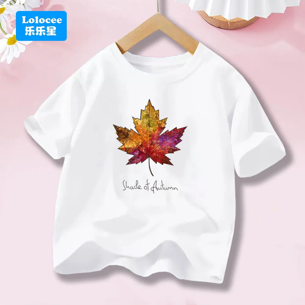 Girls' New Soft Cotton T Shirts Kids Fashion Maple Leaves Printed Tees for Summer Lady Pink Short Sleeve Tops  FY1