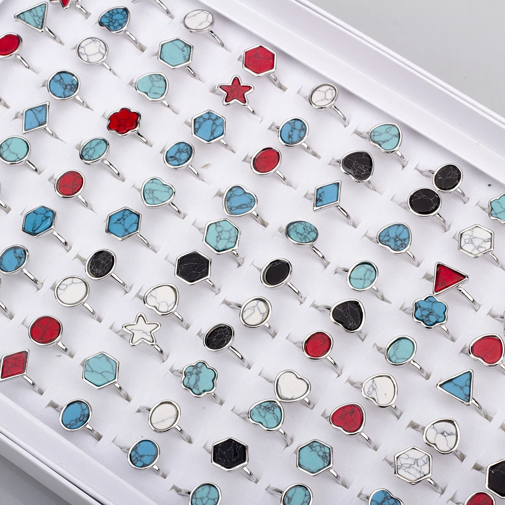50 Pcs/Lot Retro Stone Rings Men Vintage Alloy Couple Turquoise Jewelry Rings Women Wedding Wholesale Gifts