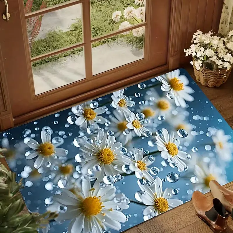 Fresh Daisy Water Drop Doormat Blue White Floral Print For Entryway Kitchen And Nature Inspired Home Decor