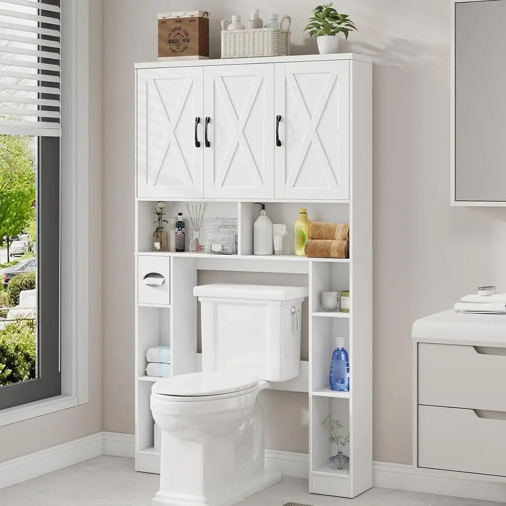 

Space-Saving Over Toilet Storage Cabinet with 3 Shelves, Paper Holder, and Towel Rack - White