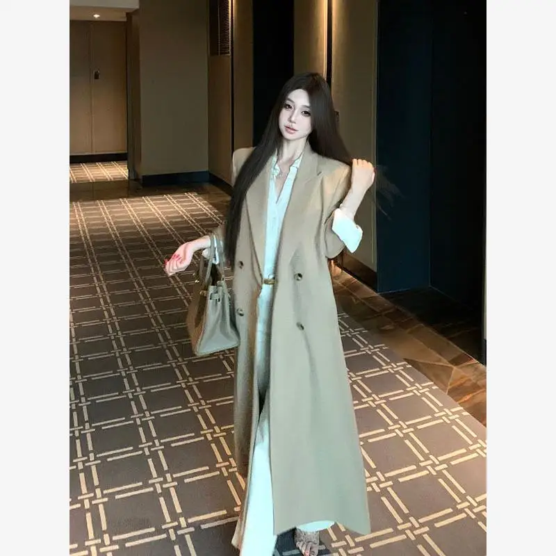 

Korean Sle Unique Super Beautiful Long Double Buttoned Coat irt Pants Tee Piece Set Autumn Trendy Big Coat for Women