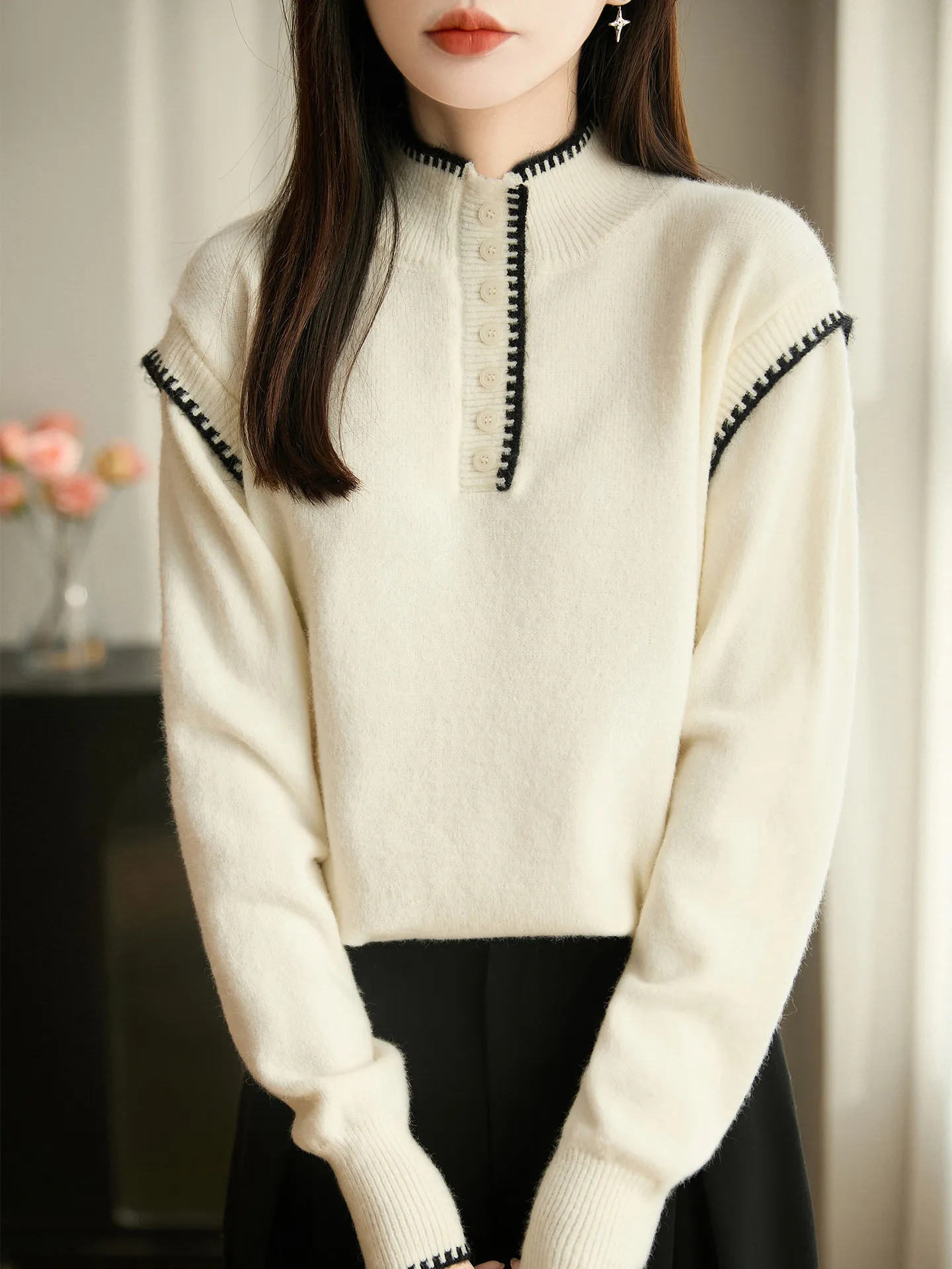 Faionable Color Blo f High Collar Loose Long Sve Damen-Strickpullover Herbst Winter Weich Hautfreundlich Base Ir...