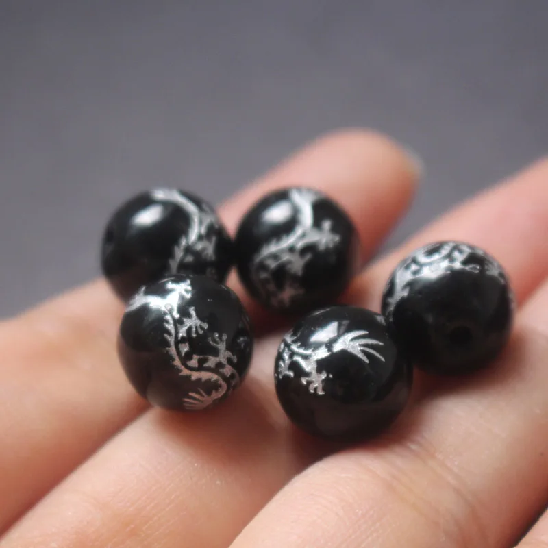 10Piece/lot 8mm 10mm 12mm 14mm Glass Beads Black Color with Carving  Silver Color Dragon  Fashion Beads For Jewelry Making