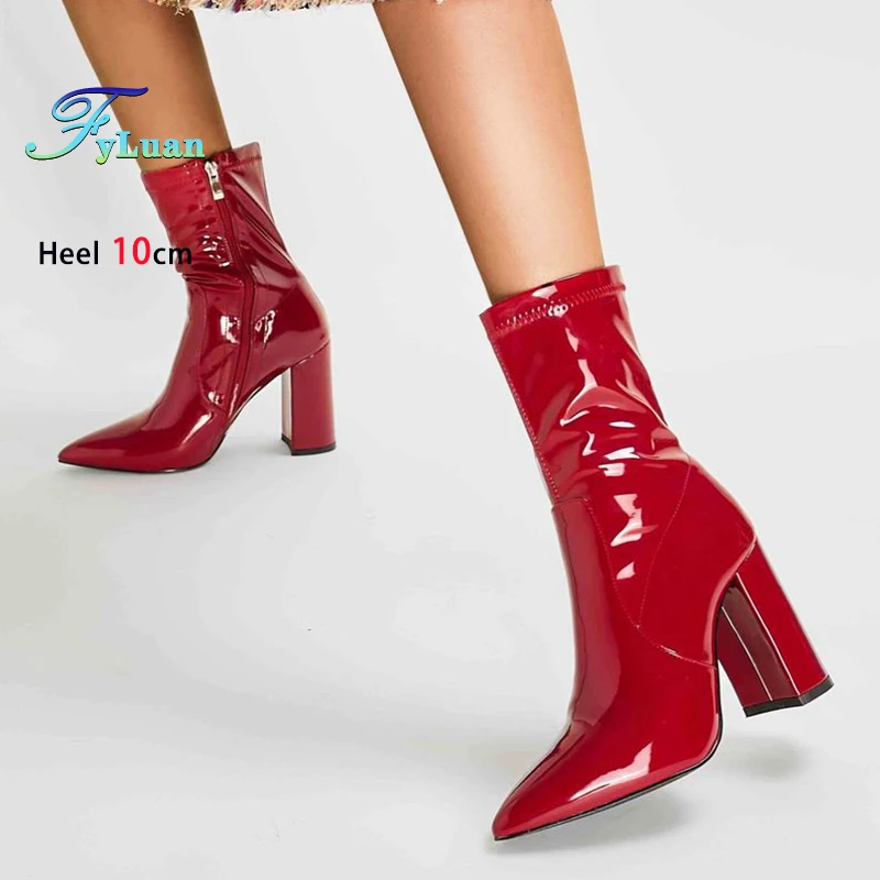 

Size 36-41 Fashion Pointy Toe Women Short Boots 10CM Thick Heels Side Zipper Winter Shoes Female Elastic Leather Knight Boots