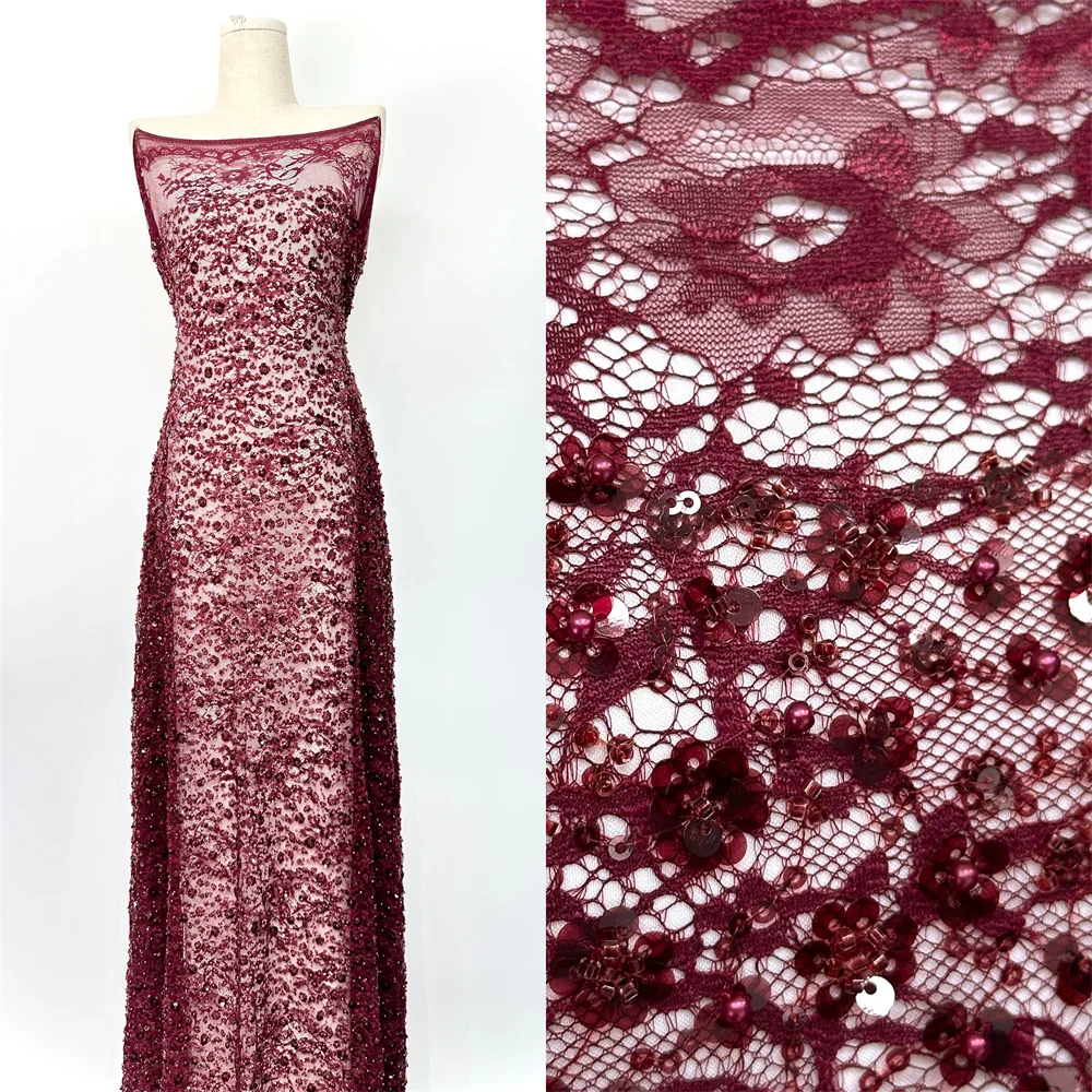 

African Black Chantilly Tulle Lace Fabric French Sequins Beads Mesh Lace Fabric Nigerian for Woman Evening Clothes Dress