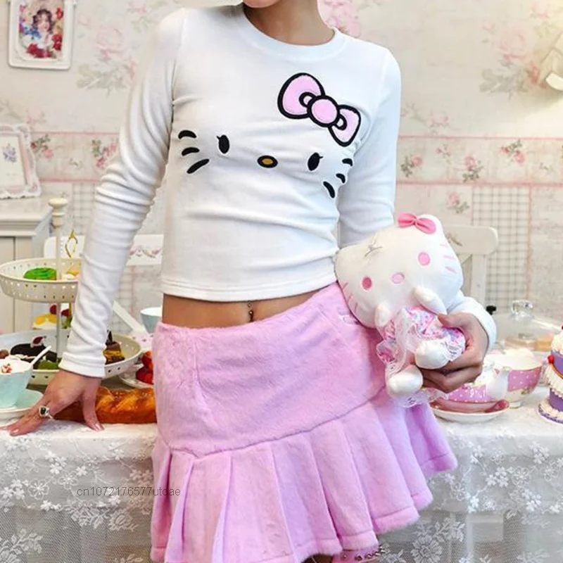 Sanrio Hello Kitty Embroidery Bow Cute Tops Women\'s Long Sleeve Autumn And Winter New Shirt Slim Fit Bottom Clothes