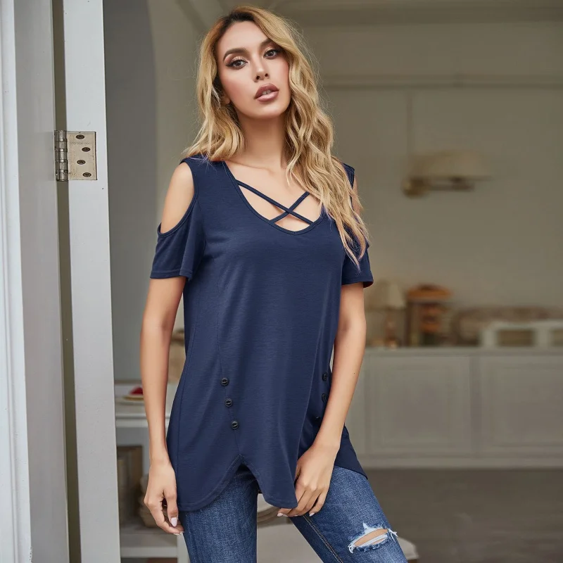 European and American Women's Clothing Top T-shirt Strap Shoulder Sleeve Hollow out Irregular Hem T-shirt Women Top