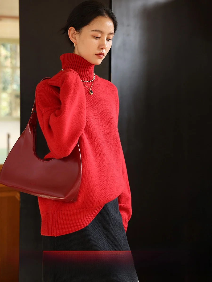 

Red High Collar Knitted Sweater Women's Loose Winter Woolen Thiened Inner Wear 00% Wool Comfortable Long Sve Top