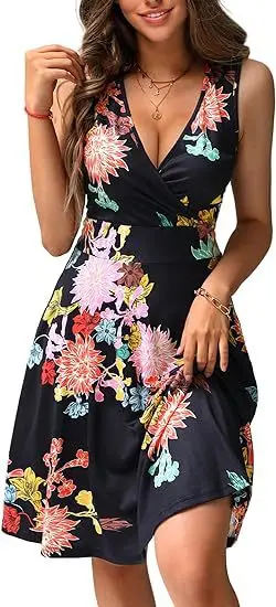 2025 Spring and Summer Dress Fashion V-neck Printed Pocket Sleeveless Casual Pullover High-waist Red Dress