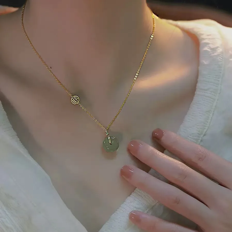

2026 New Retro Chinese Style Peace Blessing Jade Necklace for Women, Elegant Light Luxury High-End Clavicle Chain Necklet