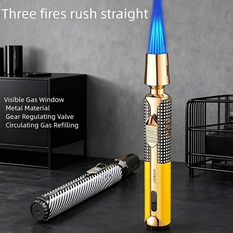 JOBON Three Flame Butane Lighter Direct Ignition with Visible Ventilation Window for Outdoor Camping Barbecue Kitchen Cooking