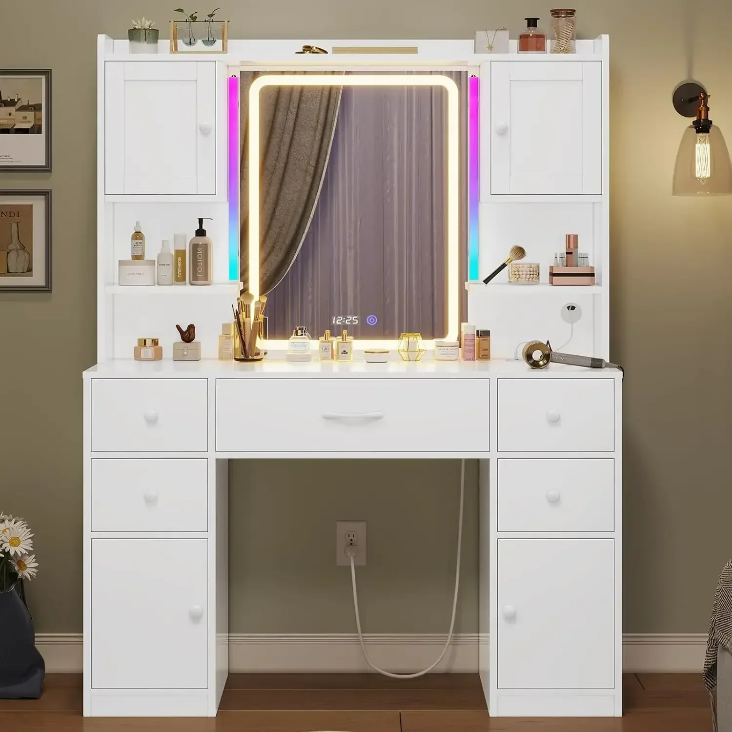 Tiptiper Large Vanity Desk Makeup Vanity W/ Lights and Charging Station, with Smart Mirror with Time Display, 5 Drawers, White