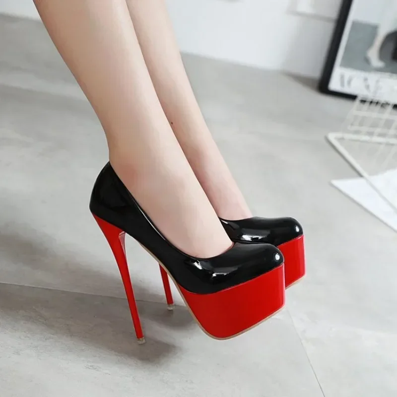 Women Sexy Thin High Heels 16cm Pumps Black Patent Leather Fashion Heels for Women Platform Wedding Nightclub Party Dress Shoes