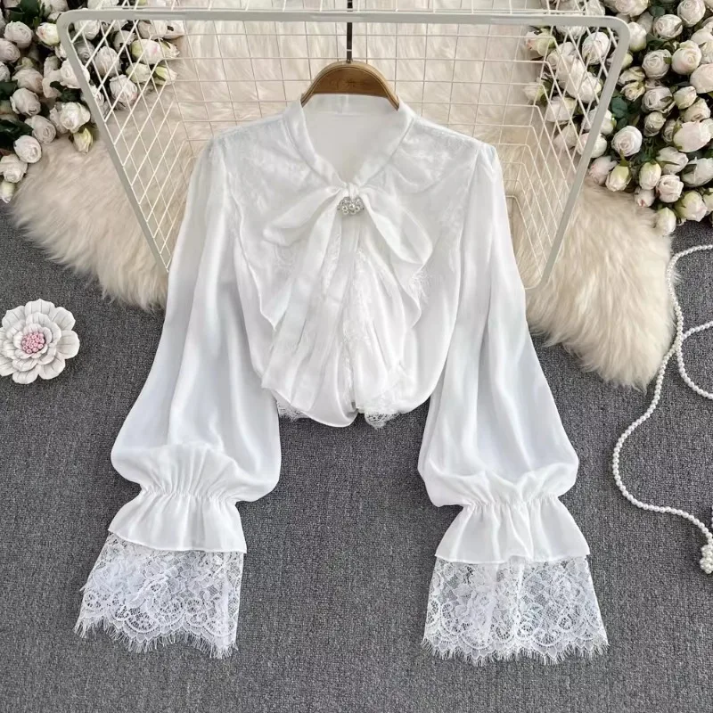 

Blusas Mujer De Moda 2024 Spring New V Neck Bandage Bowknot Flare Sleeve Shirts Lace Patchwork Single-breasted Vintage Blouses