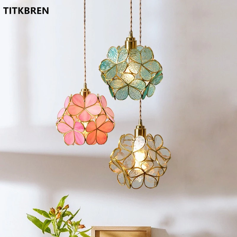 Nordic Flower Copper Pendant Light Glass Petal LED Lamp Indoor Bedroom Bedside Dining Living Room Hanging Lighting Fixtures