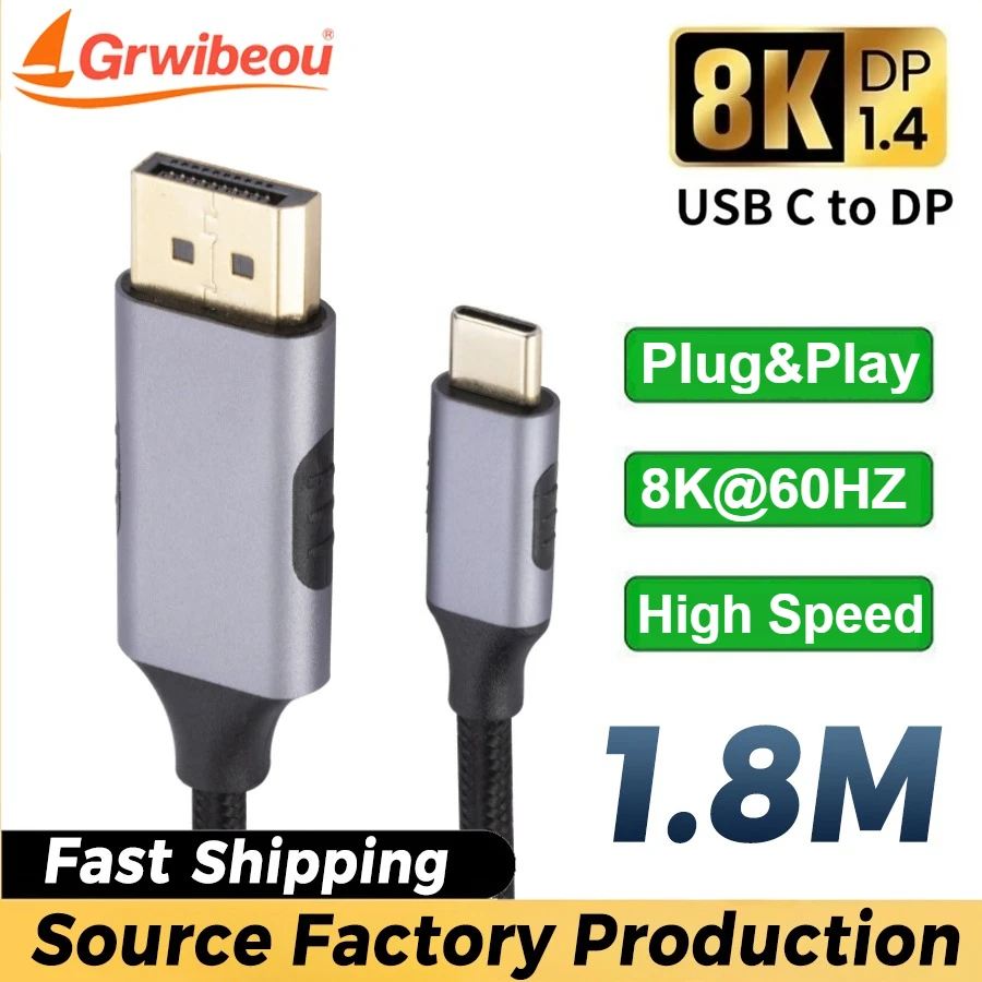 

1.8m USB-C To DisplayPort Cable DP Type C 3.1 To Display Port 1.4 Cable 8K@60Hz Thunderbolt 3 4 for MacBook Air Pro Samsung