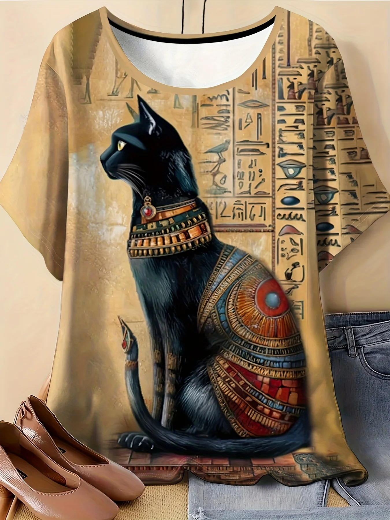 Women Short Sleeve T‑Shirt Ancient Egypt Black Cat Hieroglyph Art Print Crew Neck Loose Casual Tops