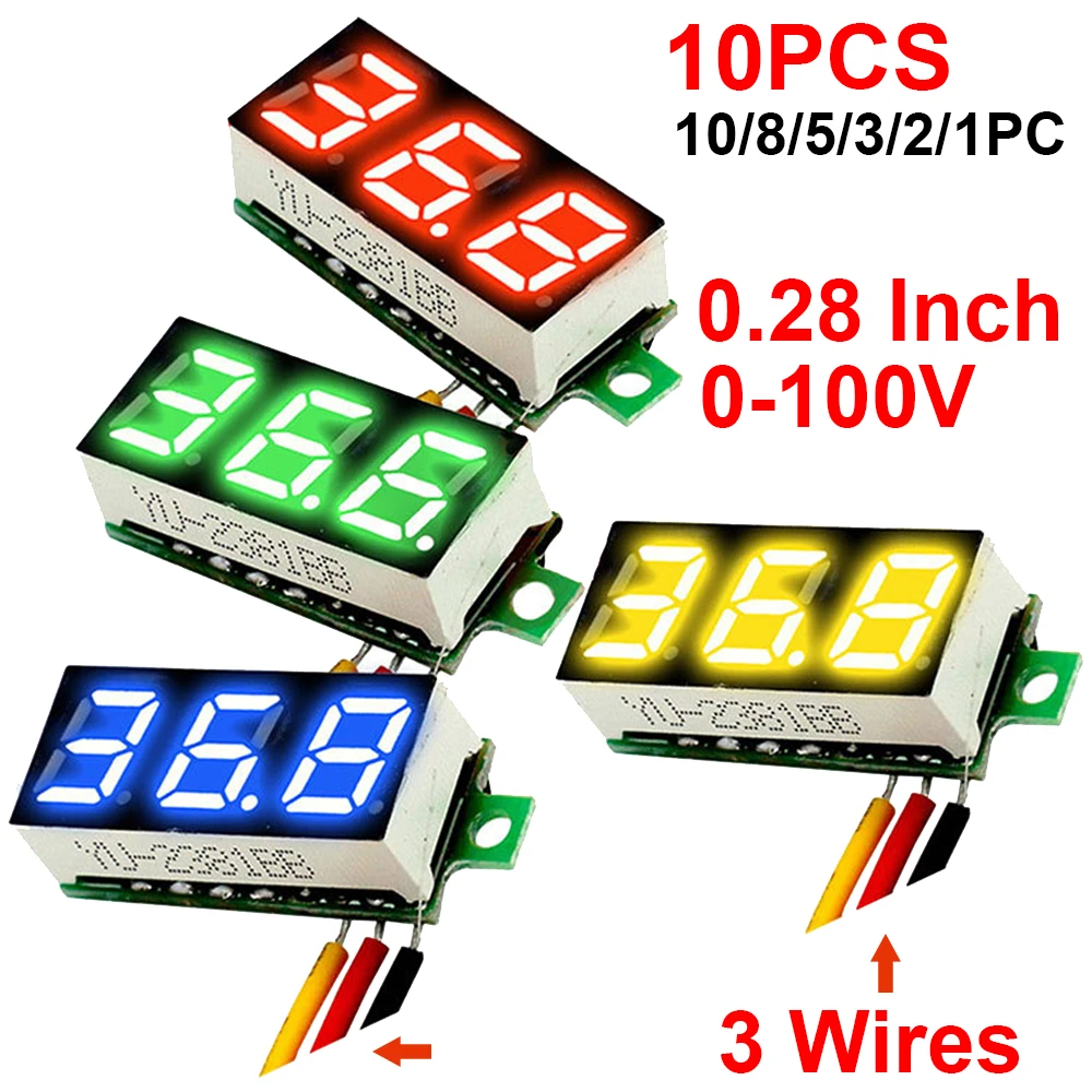 1-10pcs Mini LED Digital Voltmeter DC 0-100V 0.28 Inch 3 Wire DC 12V 24V 48V Volt Voltage Meter Gauge Tester LED Display