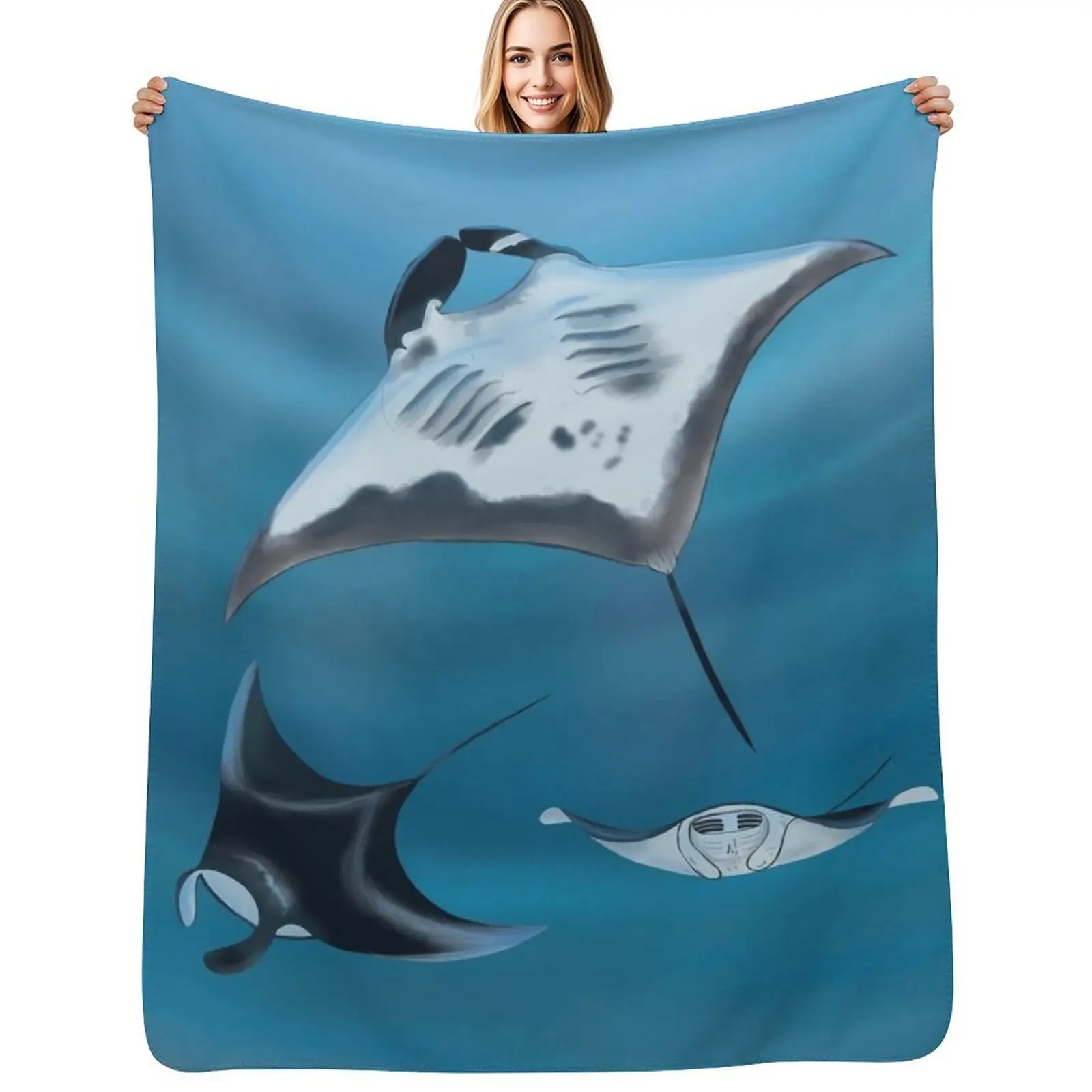 Manta rays swimming happily in the ocean Throw Blanket Wrinkle Resistant Lightweight Blanket