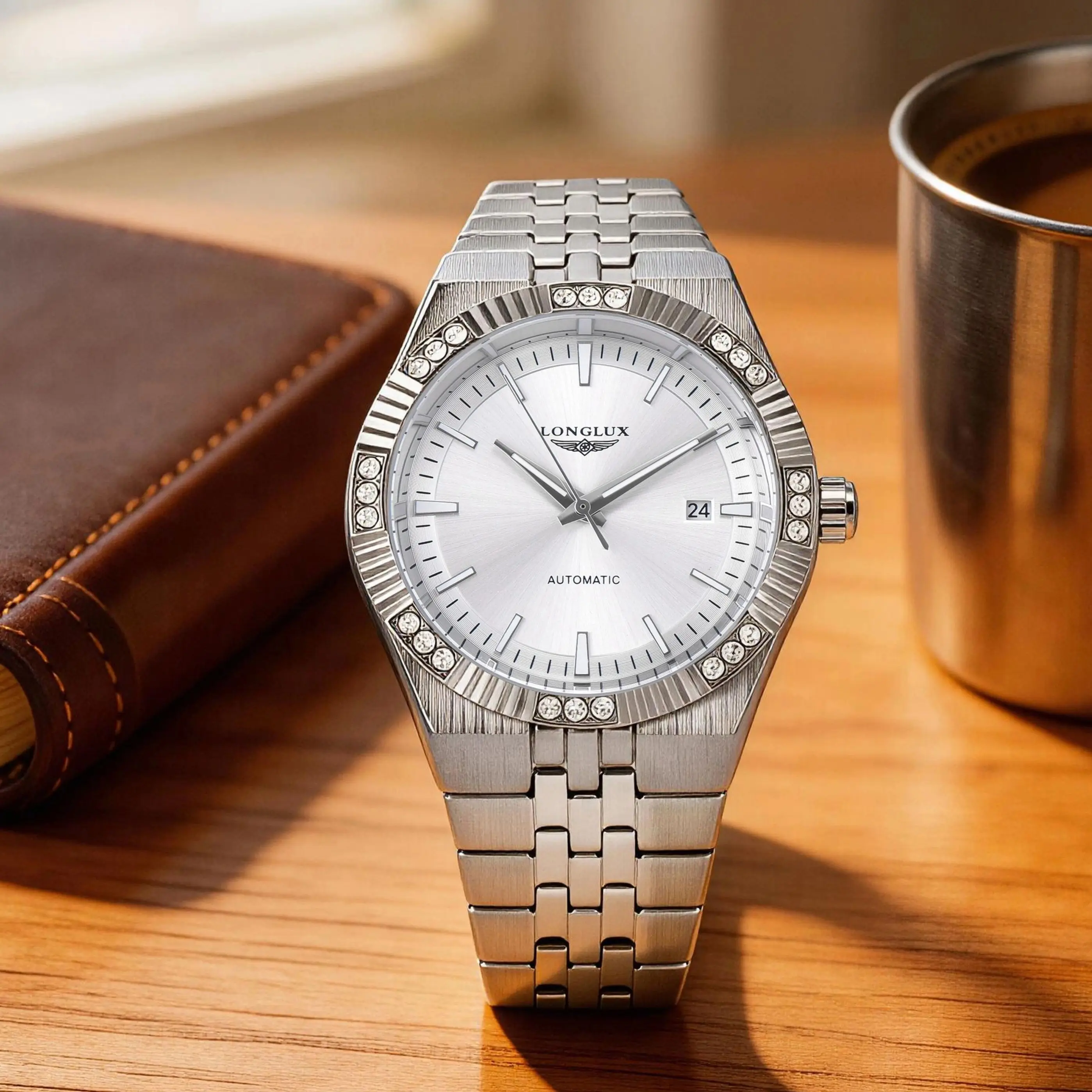 Men Automatic Watch Business Diamond Affordable Luxury Mechanical Watches Waterproof Stainless Steel Date Gift