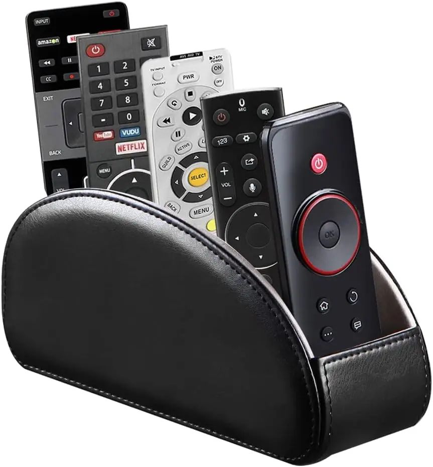 

PU Leather Remote Control Holder 5 Compartments Desktop Organizer for TV Remotes, Glasses, Pens - Black