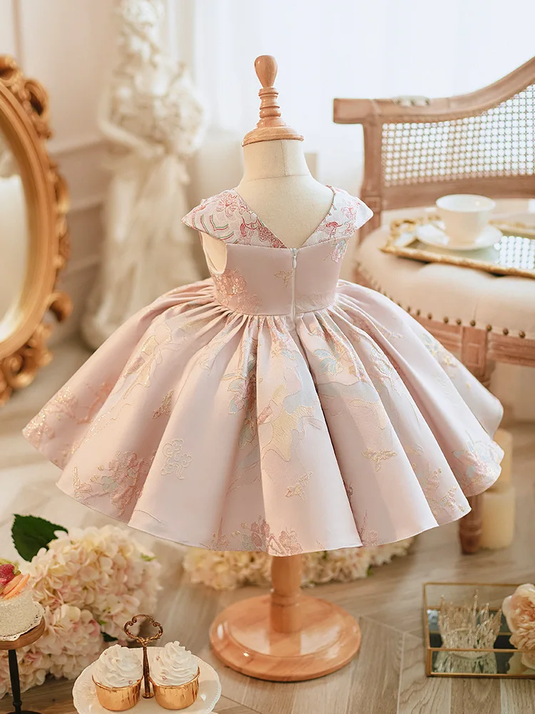 Robe tutu brodée rose fibre pour enfants, robes de princesse avec nœud, vêtements de performance pour enfants, robe de mariée pour filles