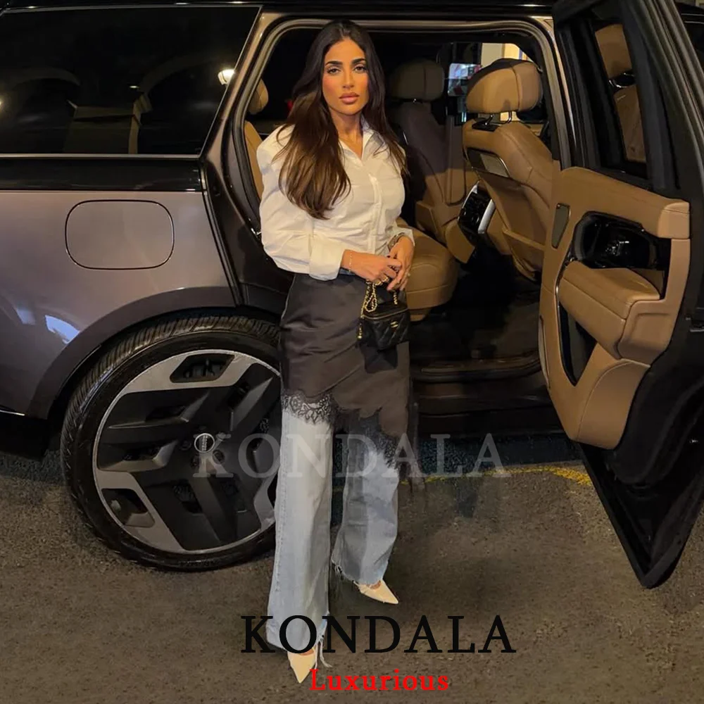KONDALA مثير شيك الأسود الساتان الدانتيل النساء التنانير عالية الخصر غير النظامية ميدي تنورة الحفلات موضة 2025 مساء نادي حفلة فتاة تنورة