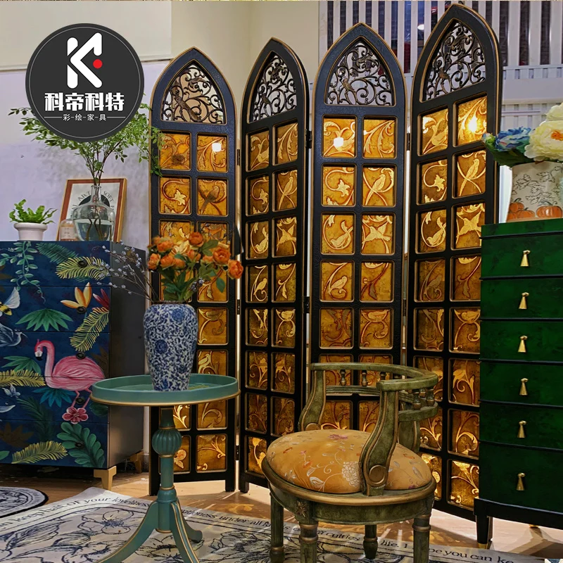 

Small-sized furniture, living room, bedroom Entrance Entry Door American Medieval Shading Folding Mobile Bedroom Glass Screen