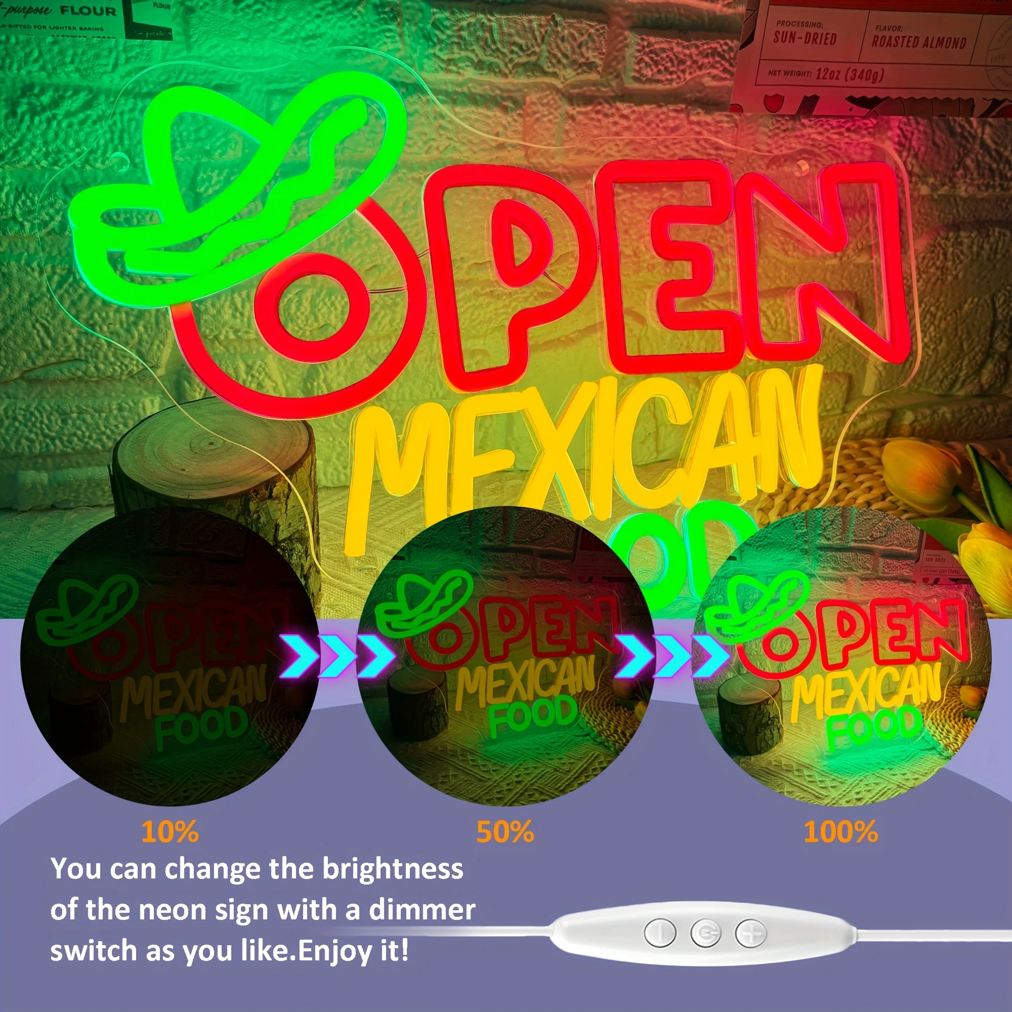 レストラン、タコスパーティー、テーマイベント用のLEDオープンメキシコフードネオンサイン - 装飾的なウェルカムサイン、レストラン照明