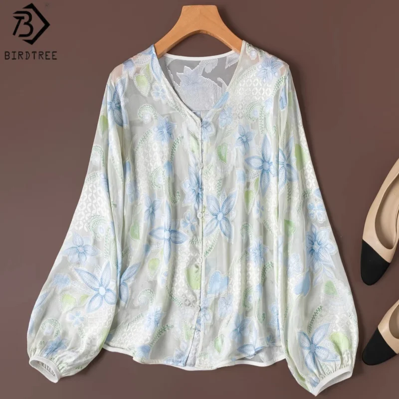 

Birdtree, 100% Real Silk Jacquard Blouse, Full Sleeve V-neck Tops, Women Embossed Chiffon Sheer Shirt, 2026 Summer New T64522JF