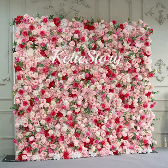 

Royal Series 3D Luxury Pink Rose Green leaves Artificial fabric Birthday Party Flower wall Wedding background wall decoration