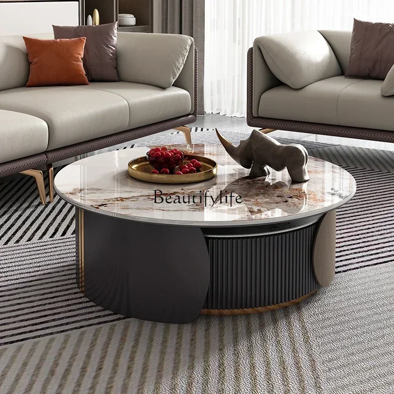 

3Light luxury round coffee table Modern living room Simple small apartment New rock slab round coffee table