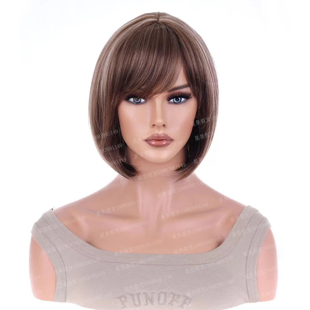 

European and American wig female full head cover brown gradual change golden bobo head eight bangs beautiful hair