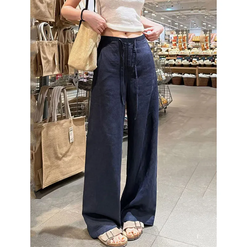 White Casual Cotton and Linen Pants Women Spring Summer Loose Wide Leg Trousers All-Match Drawstring Elastic Waist Long Pants