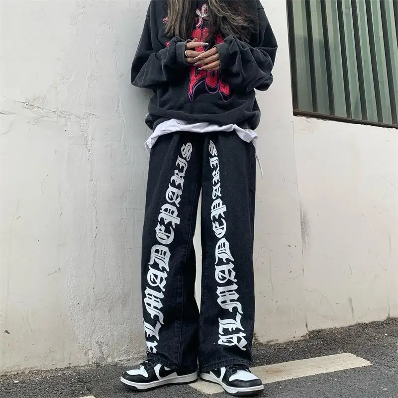 

INS super hot dark wind jeans men's burning print original loose straight guocho street trousers women's versatile pants y2k