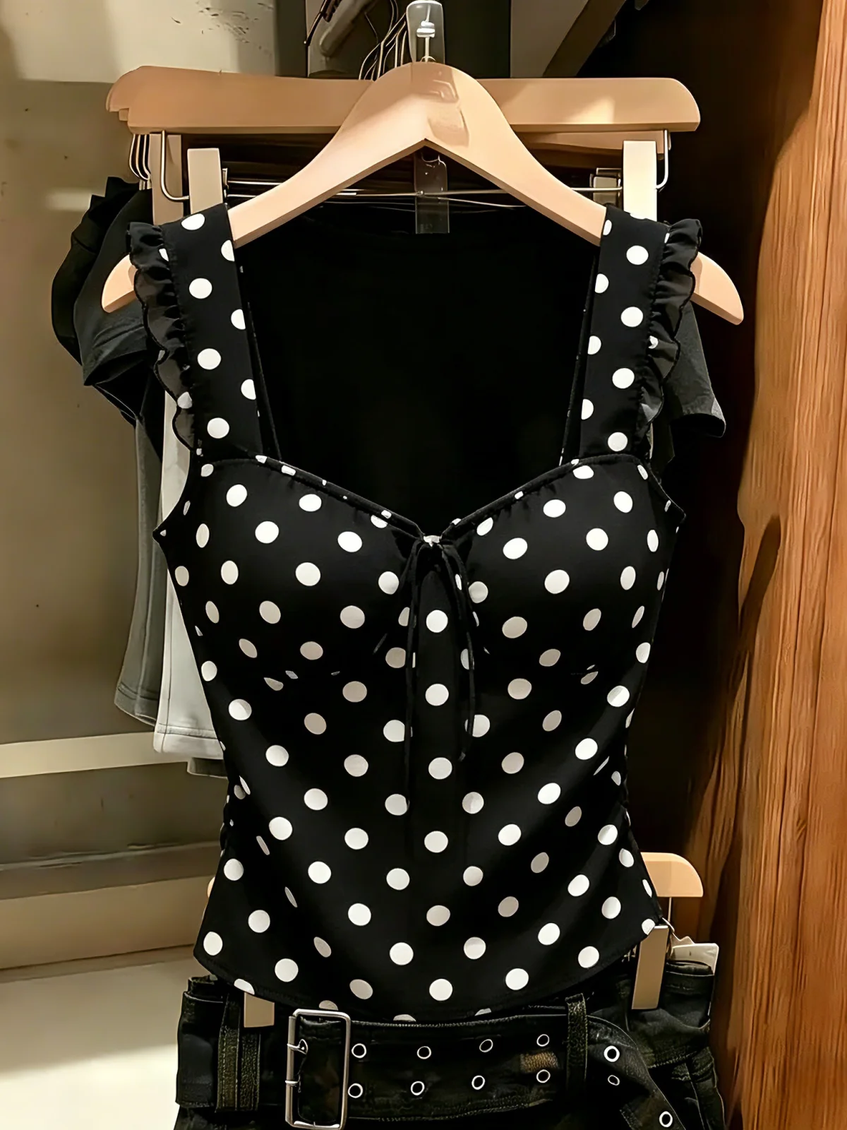 

Summer New Polka Dot Lace Trim Halter Neck Tank Top Women's Self Kept Style Korean Version Slim Fit Silk Blend Casual Top