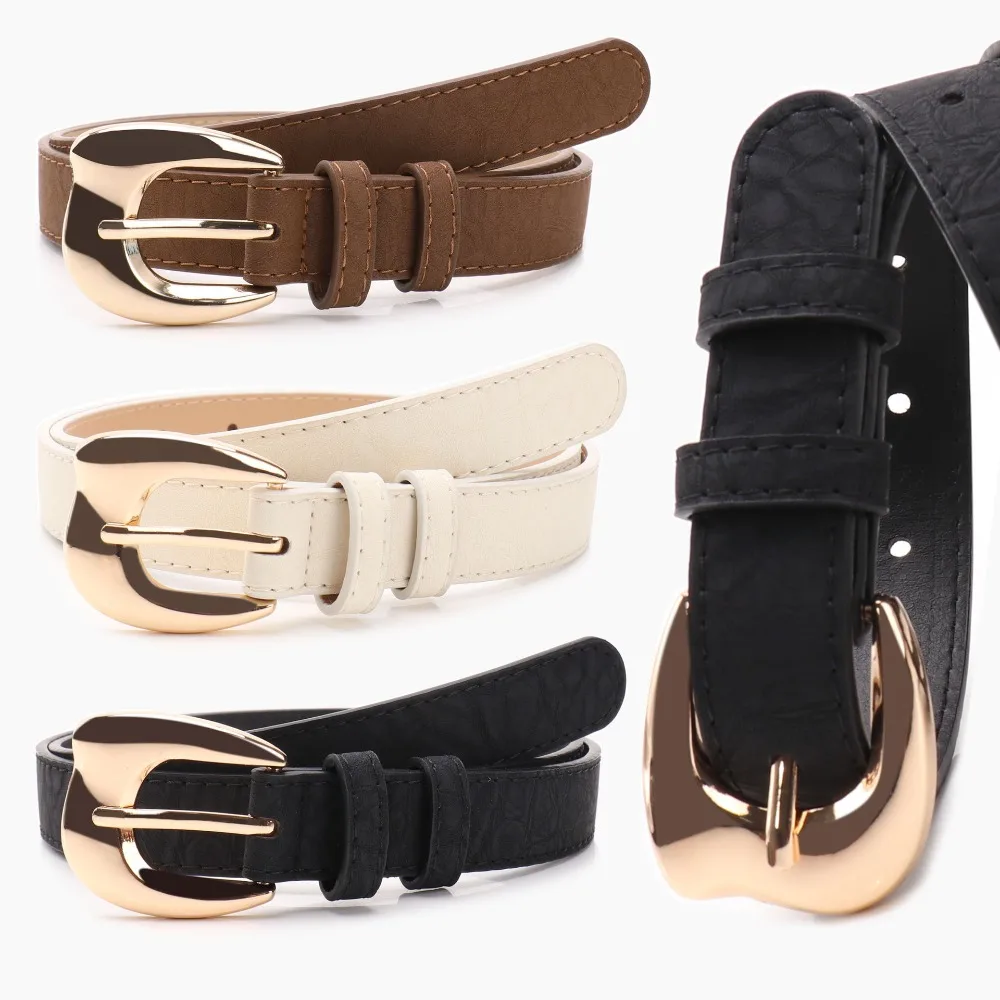Gold Alloy Buckle Women Waist Belt Minimalist Pin Buckle Closure PU Leather Belt All-match Casual Slim Waist Strap For Women