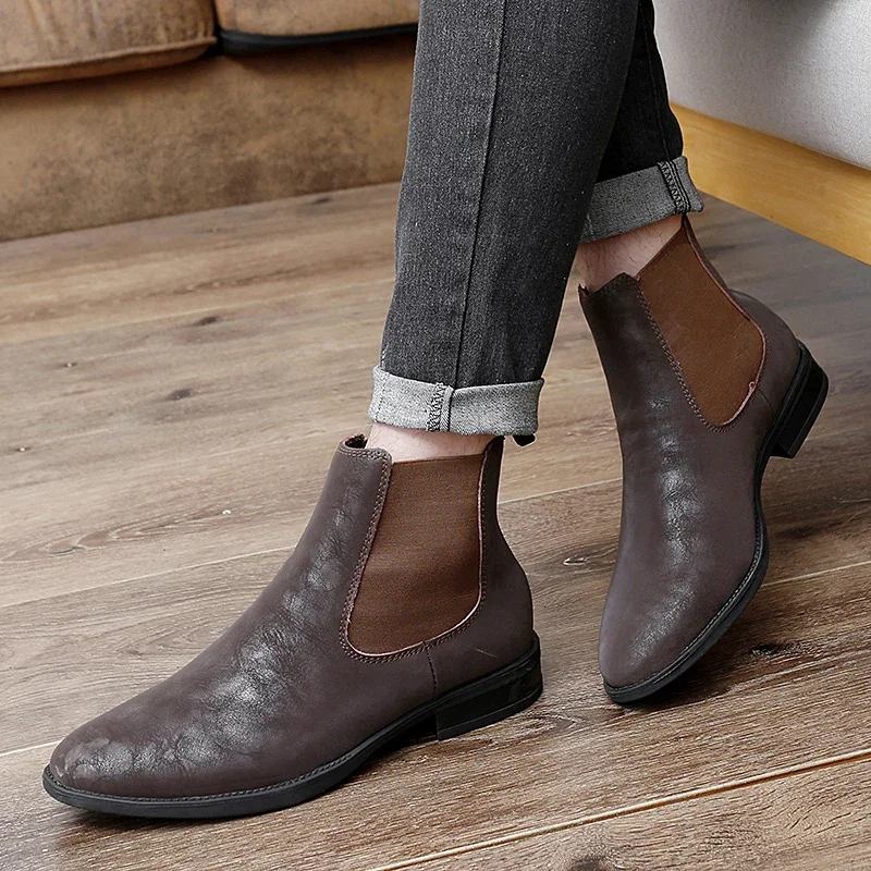 Plush Chelsea Men Boots Faux Suede Low Heels British Style High Cut Business Casual Boots Breathable Men Boots Large Sizes 37-48