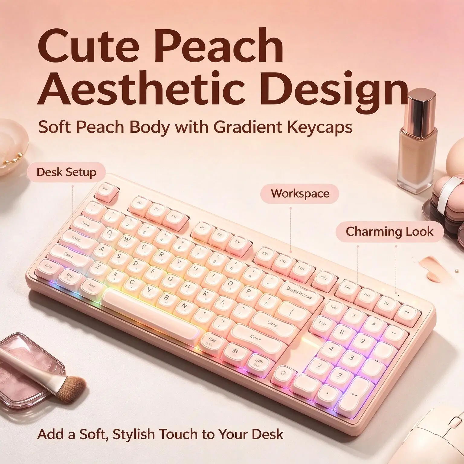 FURYCUBE IP108 Tri-Mode Wireless Mechanical Keyboard 108Key Liquid Foundation&Lipstick-Shaped Peach Gradient Keyboard for Gaming