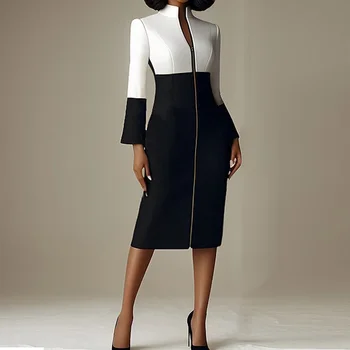 Modigirl 여성용 블랙 Bodycon 드레스 2024 가을 겨울 대비 색 v 넥 지퍼 긴 소매 공식 행사 드레스