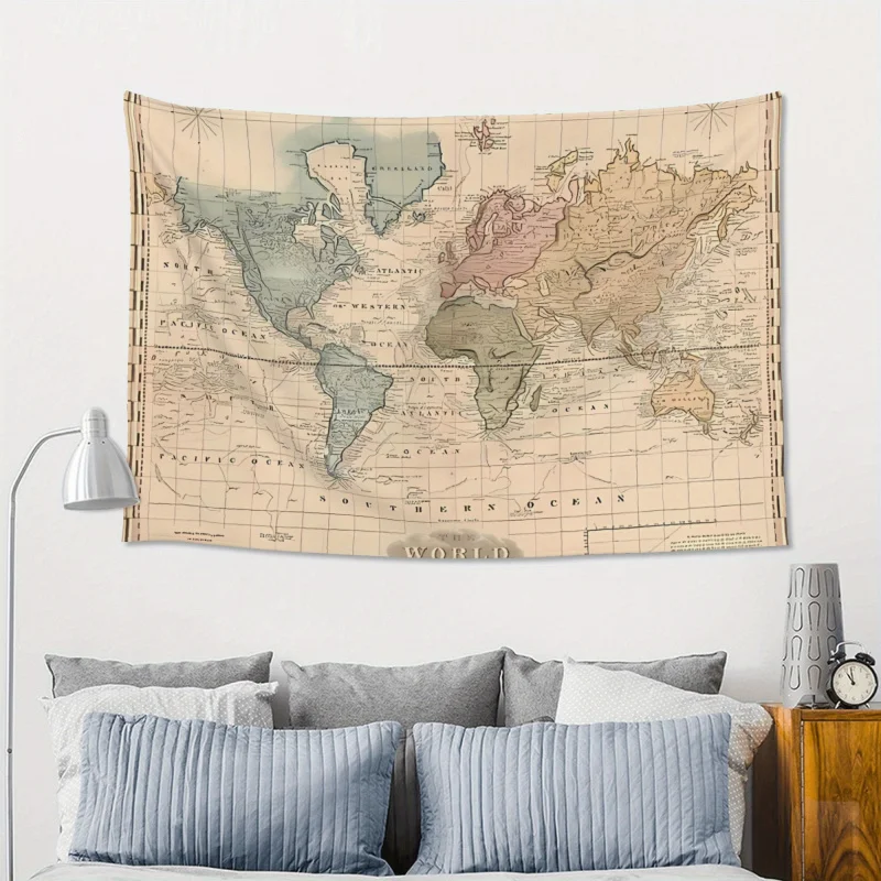 VIKAMA Tapisserie Murale Vintage Carte du Monde, Décoration Murale Géographique Rétro, Décoration de Voyage Esthétique, Affiche Artistique en Tissu pour Dortoir et Chambre