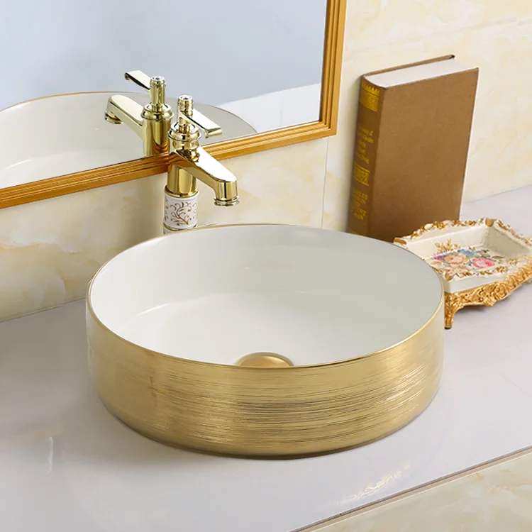 Round Golden Plated Luxury Ceramic Sanitary Wares Table Counter Top Washbasin Bathroom Sink Art Basin Gold Face Hand Wash Basin