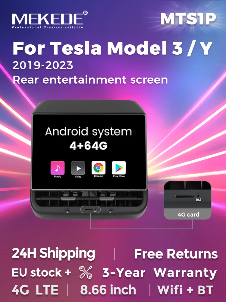 MEKEDE 8,66" Heck-Unterhaltungsdisplay Android 13 für Tesla Model 3 Model Y 2019-2023 4G+64G WLAN Multimedia-Player Klimaanlagensteuerung Sitzverstellung