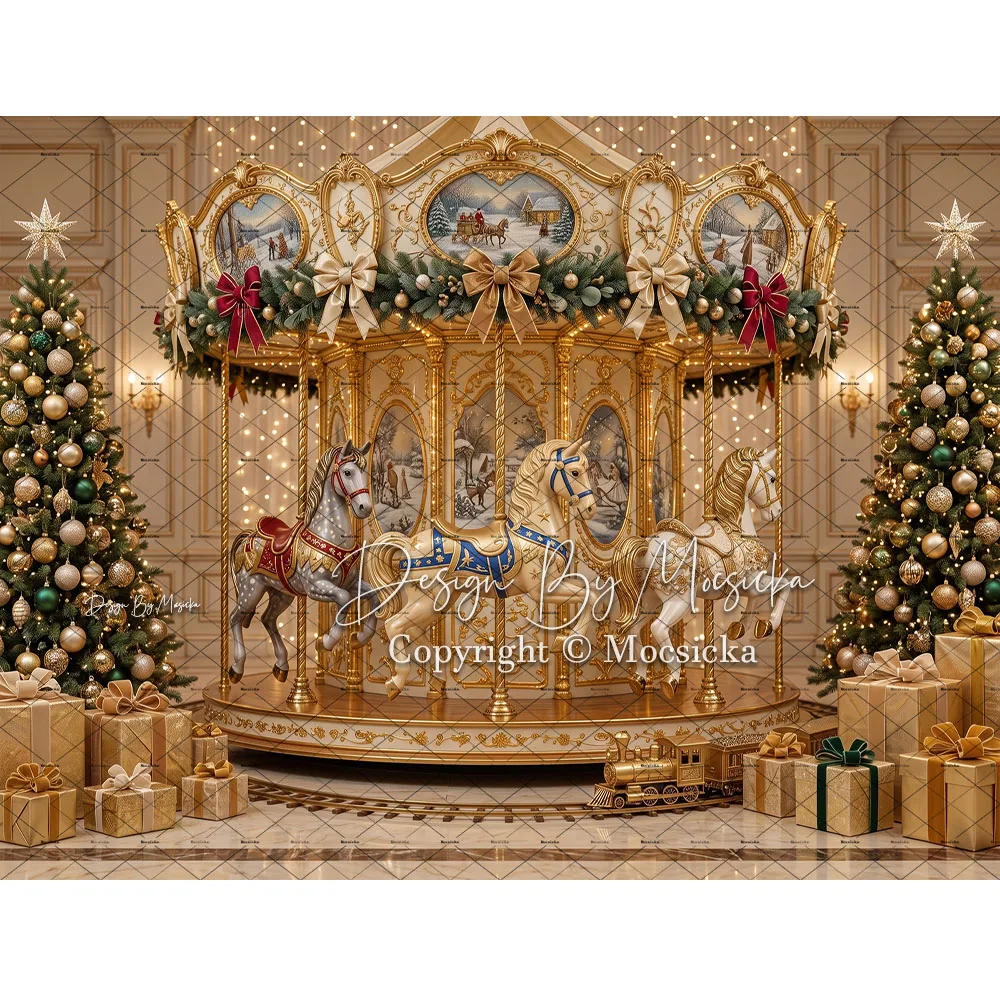 Mocsicka Golden Carousel Christmas Backdrop Photography Elegant Pine Tree Present Room Background Kid Holiday Family Xmas Photo