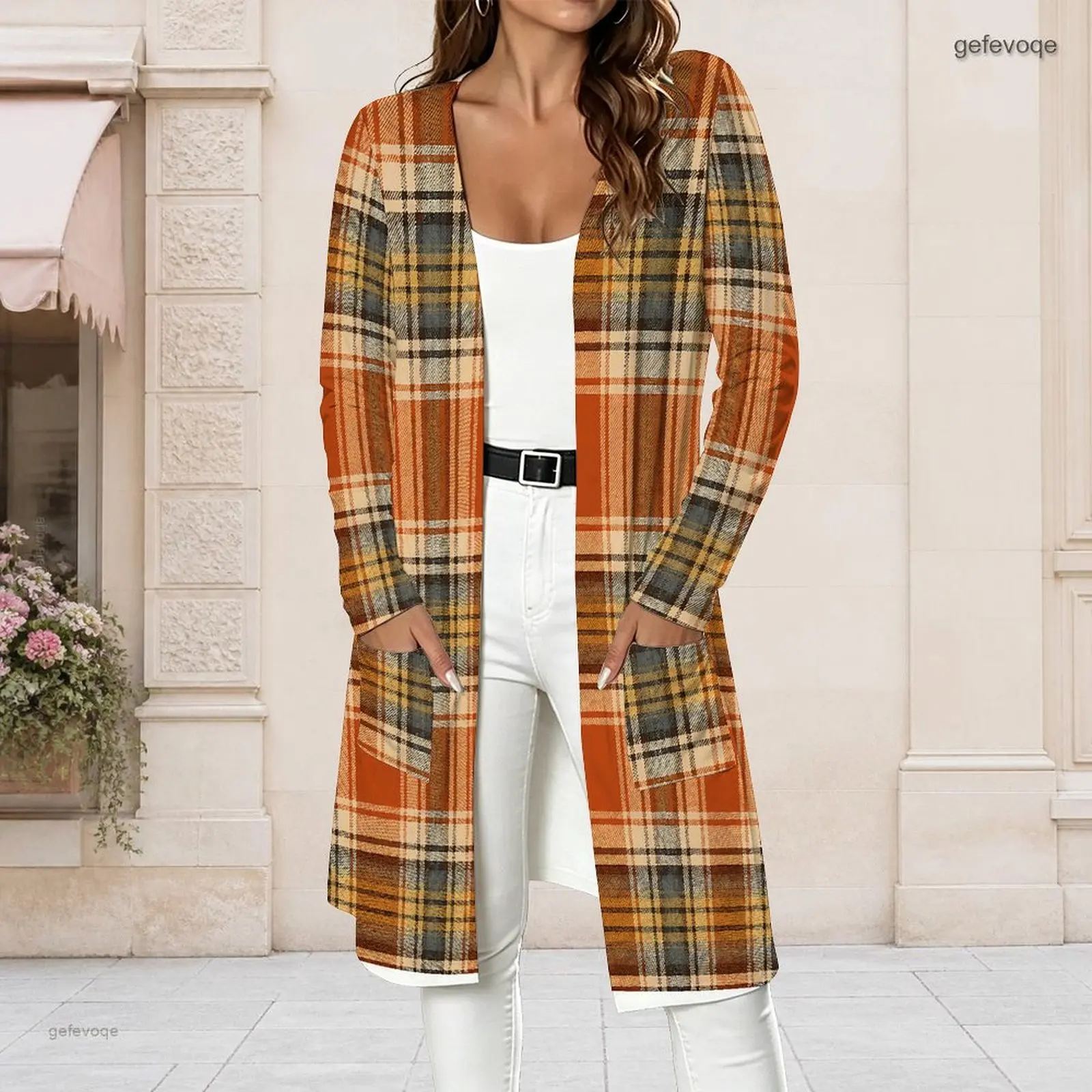 Women Geometric Oval Dot Printed Long Sleeve Open Front Longline Cardigan with Pockets