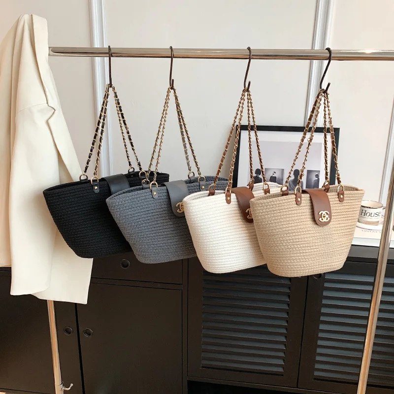 Vegetable basket straw woven bag women's 2026 new summer versatile woven chain shoulder bag large capacity tote bag image 4