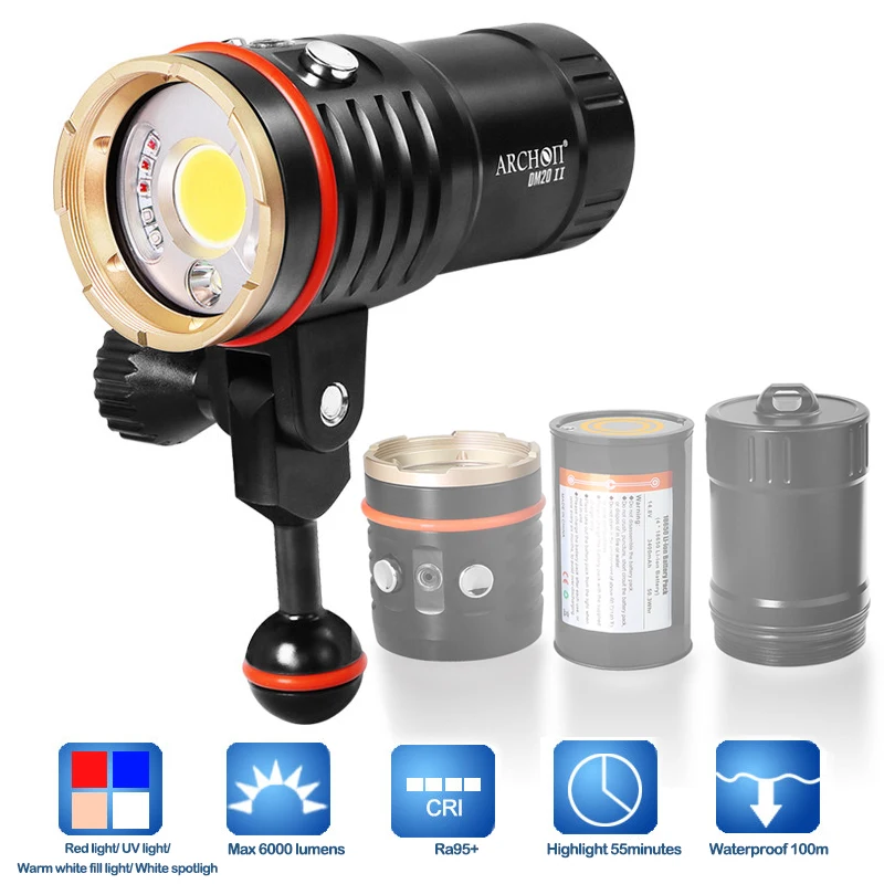 ARCHON DM20 II Scuba Diving Flashlight High CRI UV LED Diving Torch Waterproof Video Light for Photography Fill Light Lighting