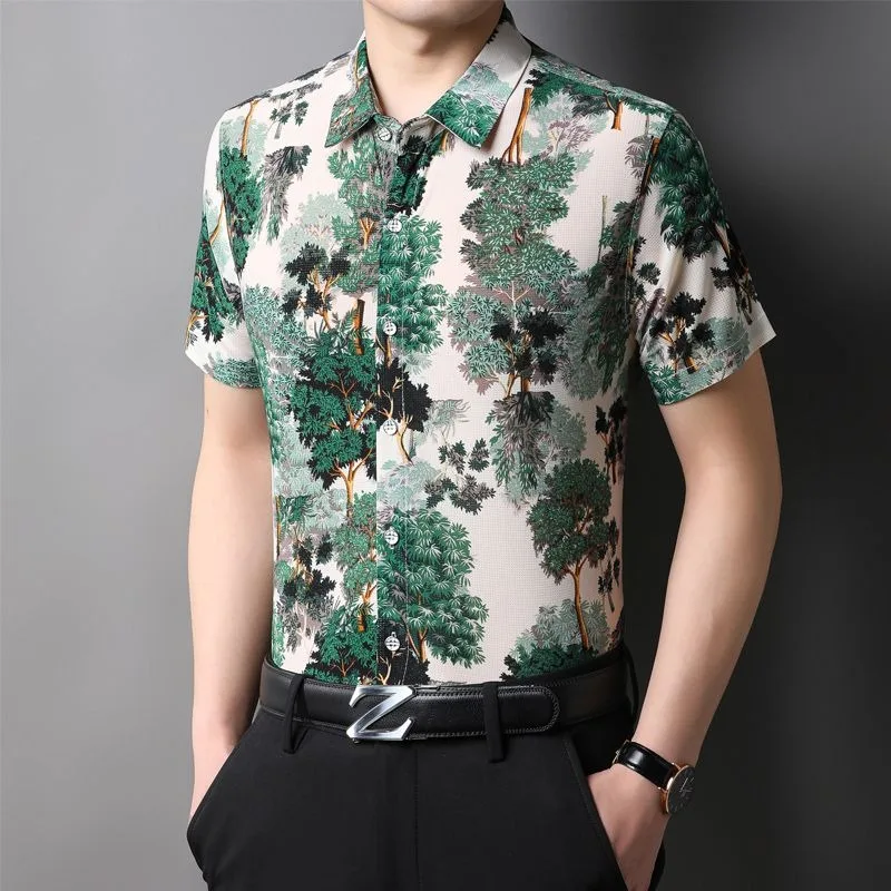 Ice Silk Chinese Style Shirts Men Non Iron Wrinkle Cool Feel Shirt Elastic Loose Tops Youth Casual Summer Beach Quality Clothing