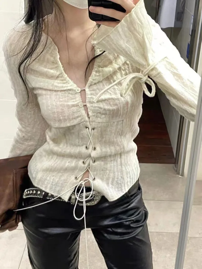 Simple Vintage V-neck Lace Up Shirts Women Spring Sexy Slim Fit White Blusas Mujer Y2k Grunge Long Sleeve Blouses Tops